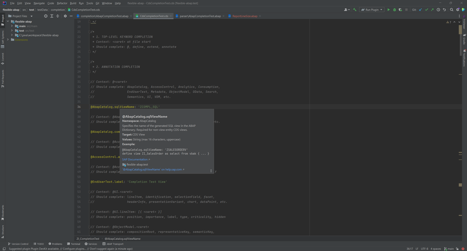 Hover-Popup für @AbapCatalog.sqlViewName mit Namespace, Ziel, Werten, Beispiel und SAP-Help-Links