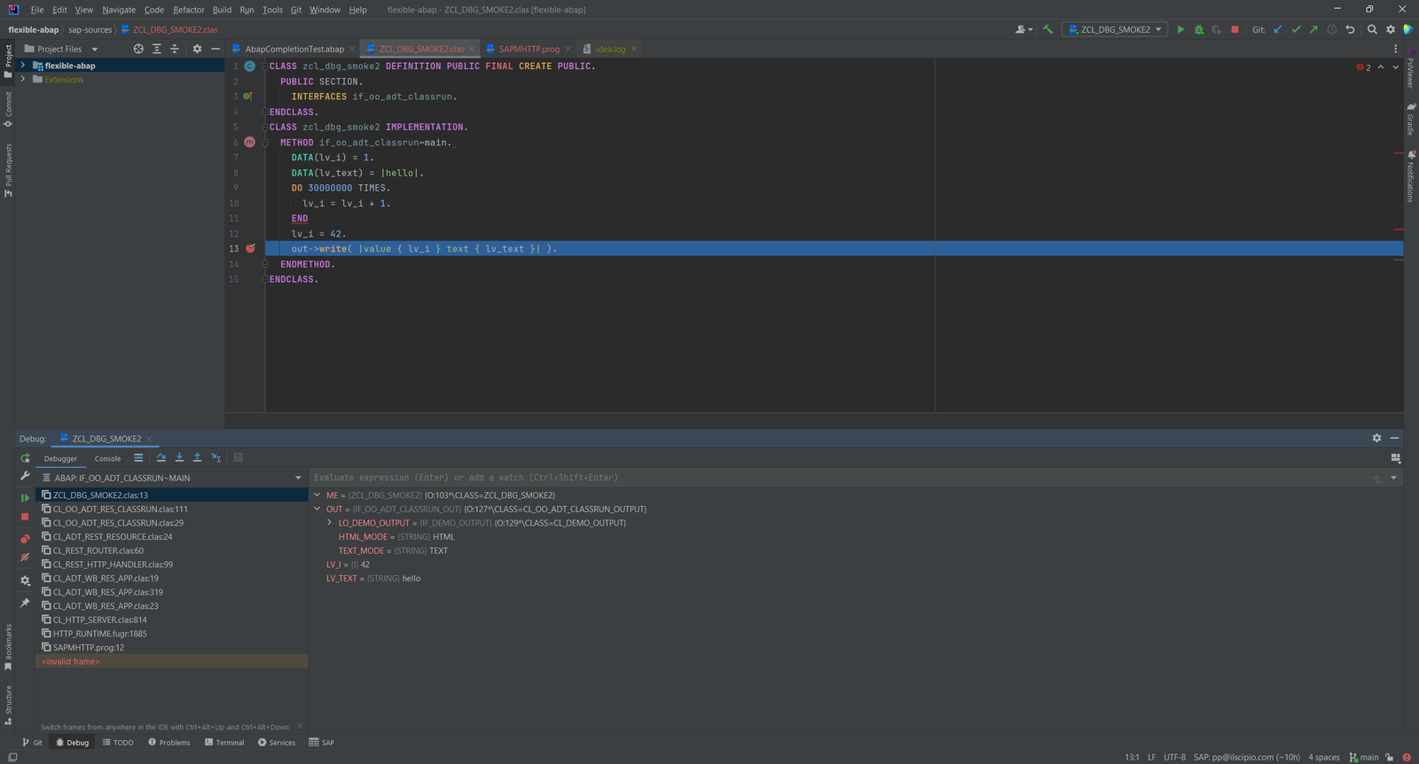 Der Debugger an einem Breakpoint in einer ABAP-Klasse, mit Aufrufstack und Variablen im Debug-Tool-Fenster