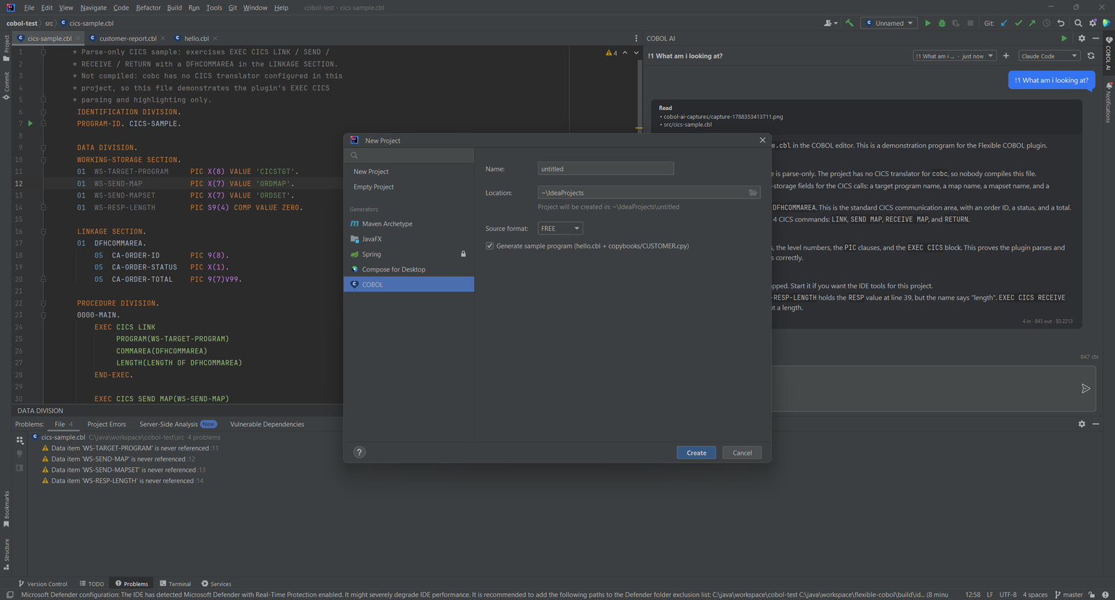 Dialog Neues Projekt mit dem COBOL-Generator, dem Feld Source format auf FREE und aktivierter Option für das Beispielprogramm