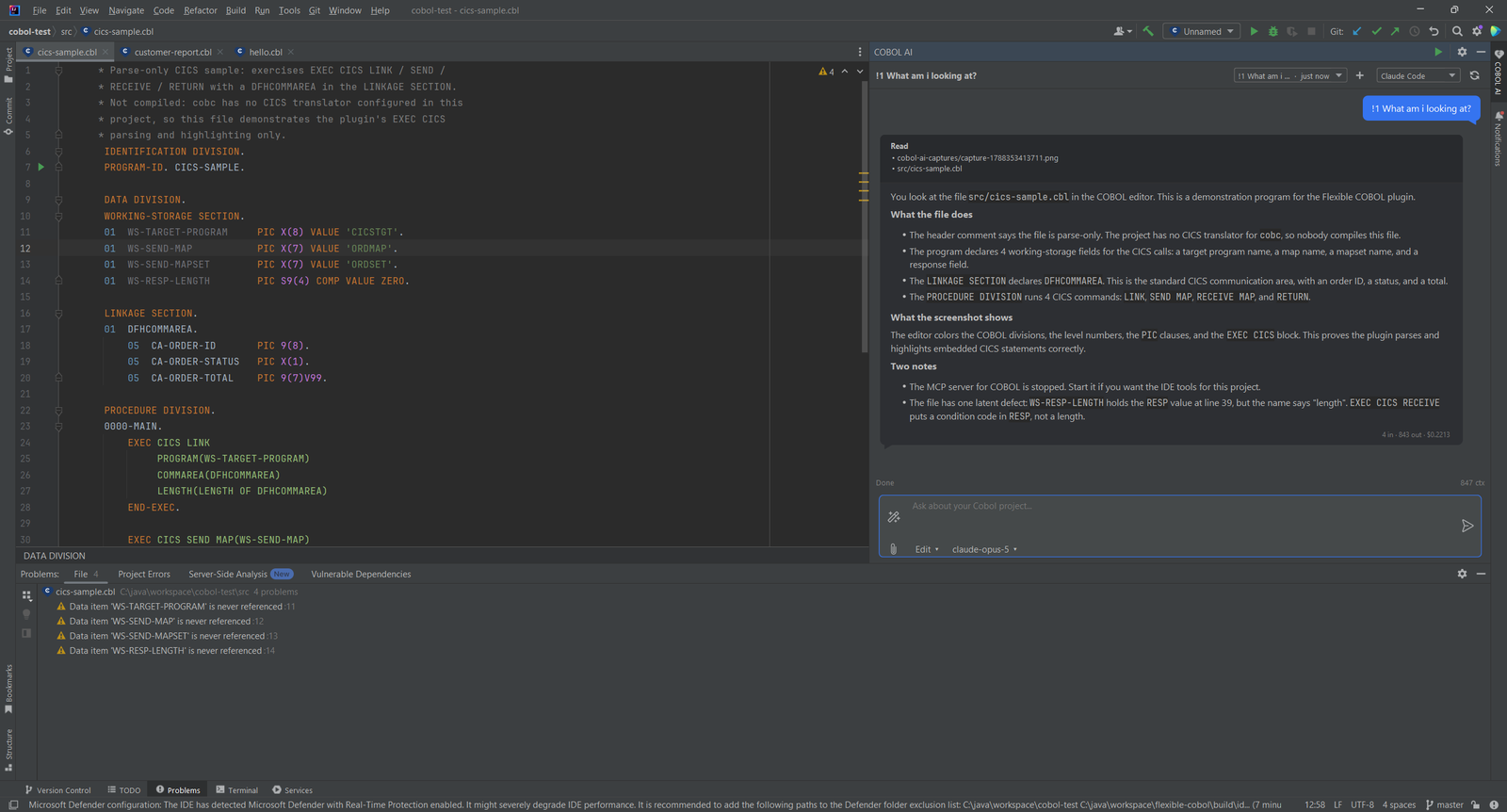 Das Tool-Fenster COBOL AI beantwortet eine Frage zur geöffneten Datei cics-sample.cbl