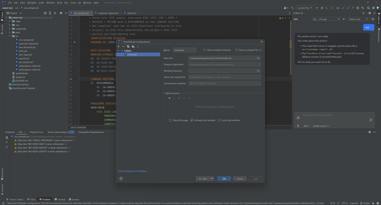 Dialog Run/Debug Configurations für eine COBOL-Run-Konfiguration mit Hauptdatei, Programmargumenten und zusätzlichen cobc-Argumenten