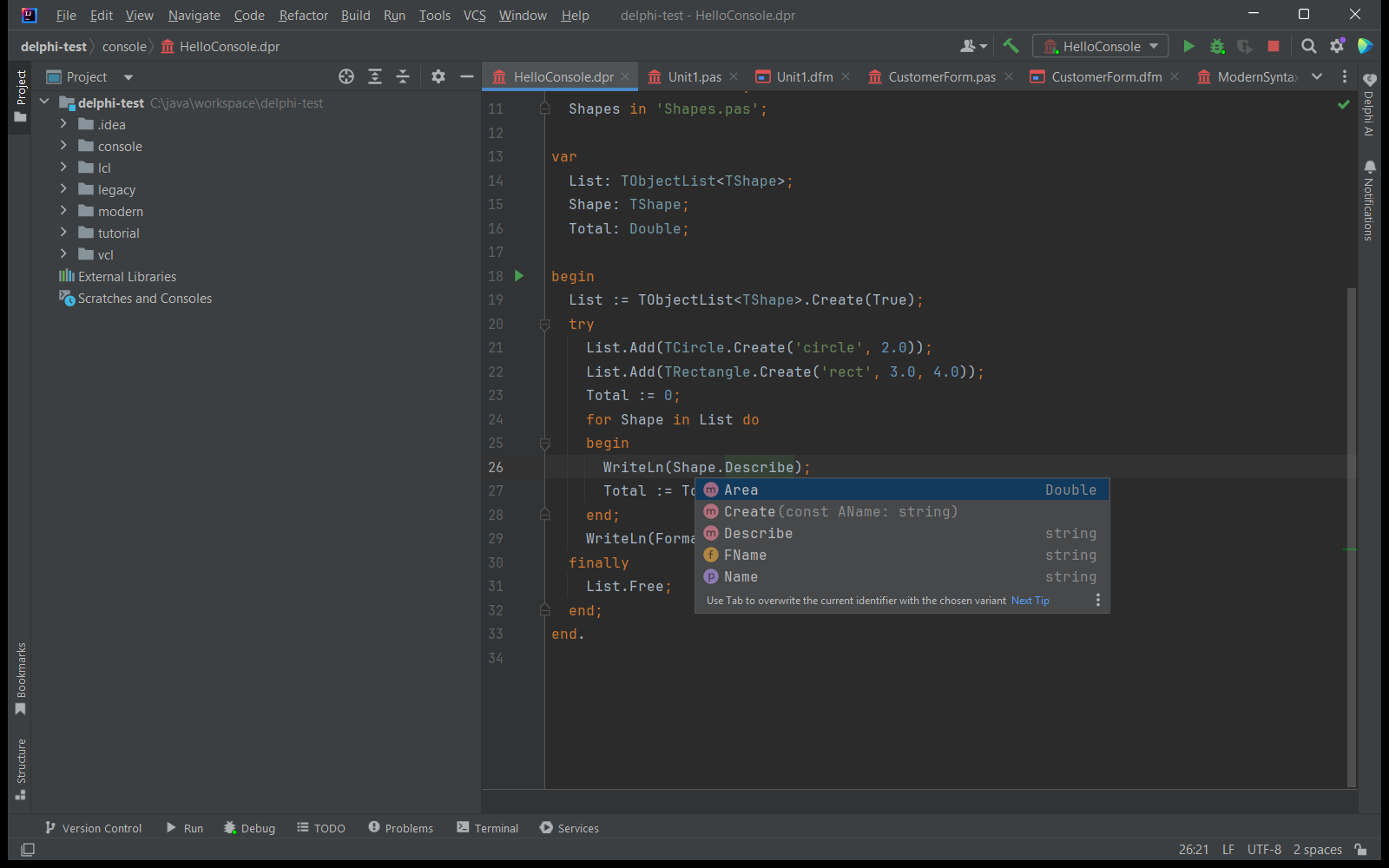 Vervollständigungs-Popup nach Shape. in einem Delphi-Programm mit Area, Create, Describe, FName und Name