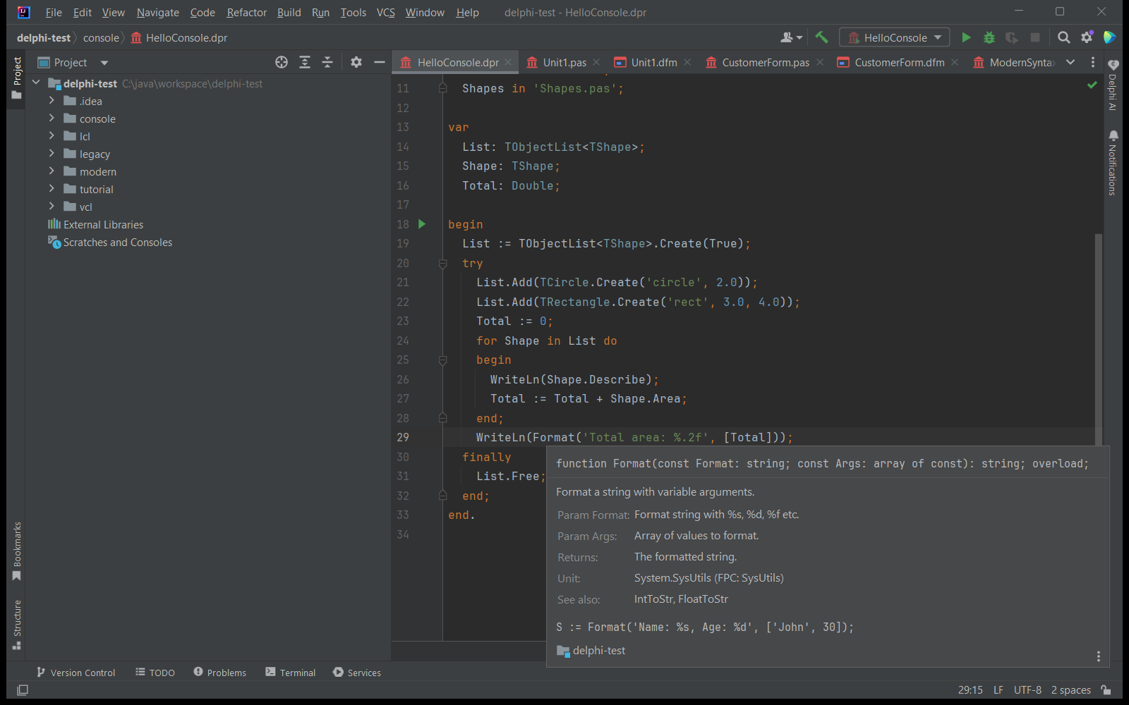 Hover-Dokumentation der Funktion Format mit Parametern, Rückgabewert, Unit und einem Beispiel
