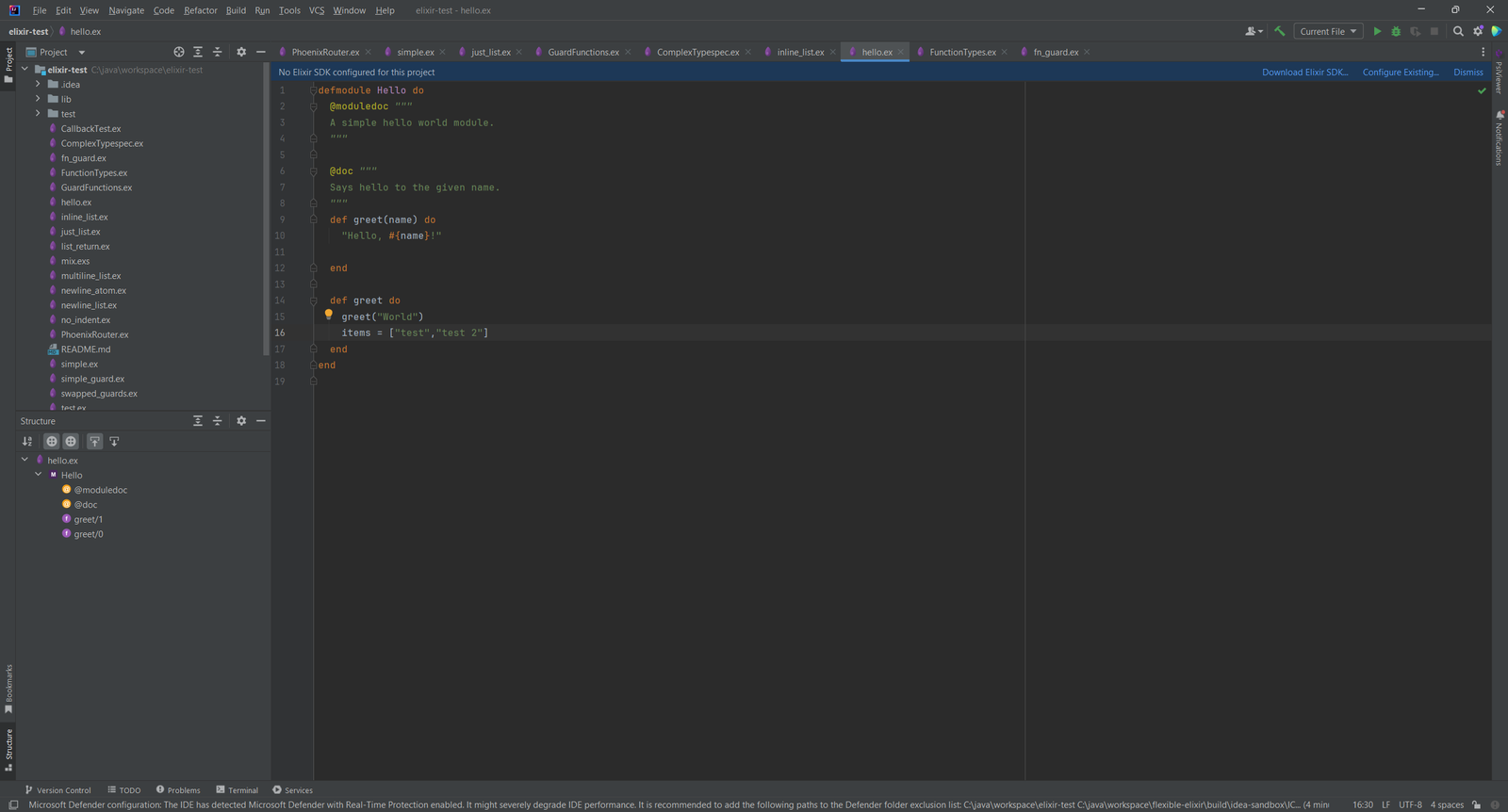 Elixir-Modul hello.ex im Editor mit einem Hinweisbanner zum fehlenden SDK und einer Structure View, die das Modul und seine Funktionen zeigt