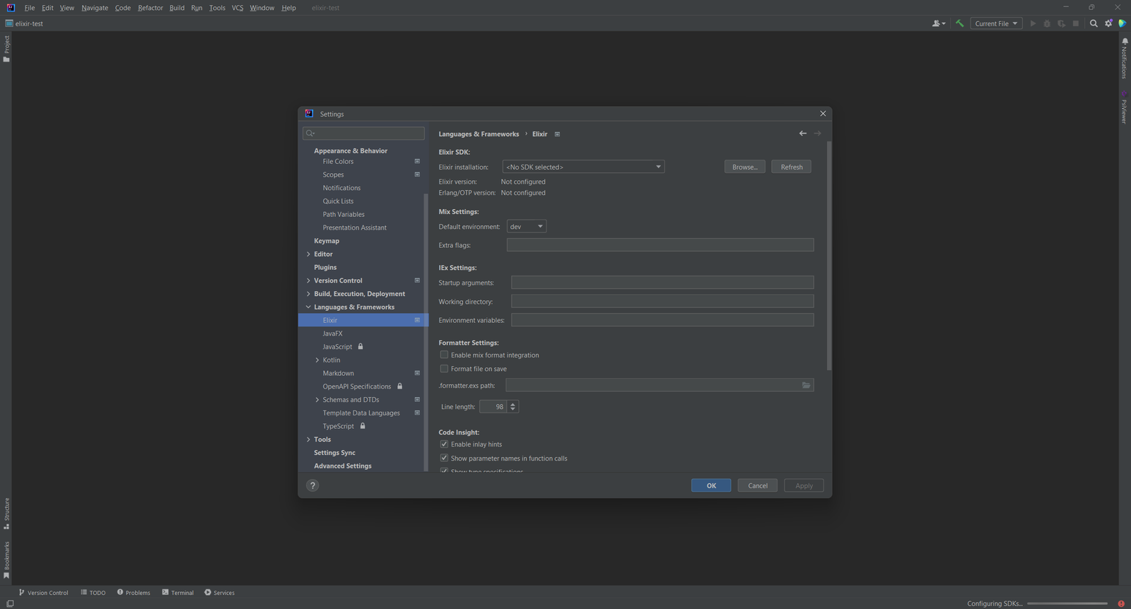 Elixir-Einstellungsseite mit SDK-Auswahl, Mix-Einstellungen, IEx-Einstellungen, Formatter-Optionen und Checkboxen für Code Insight