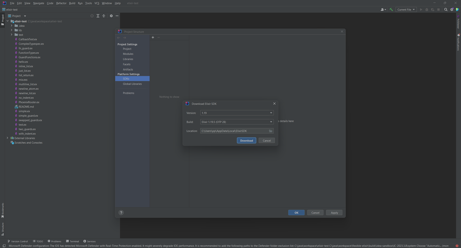 Dialog Download Elixir SDK mit Elixir-Version 1.19, Build Elixir 1.19.5 (OTP 28), einem Installationsort und einem Download-Button