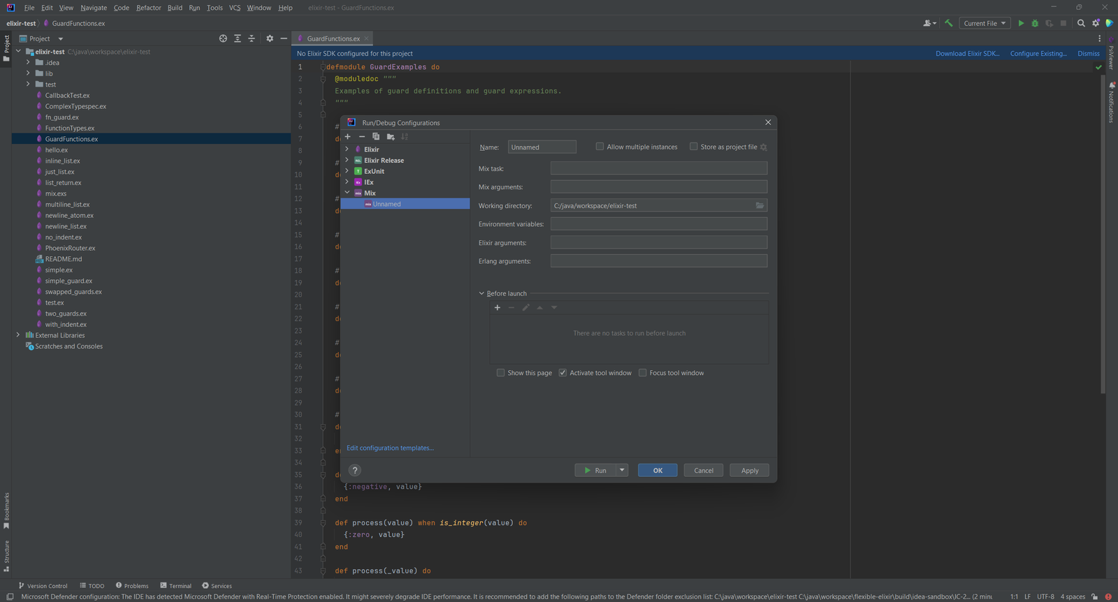 Dialog Run/Debug Configurations mit den Konfigurationstypen Elixir, Elixir Release, ExUnit, IEx und Mix, eine Mix-Konfiguration ist geöffnet