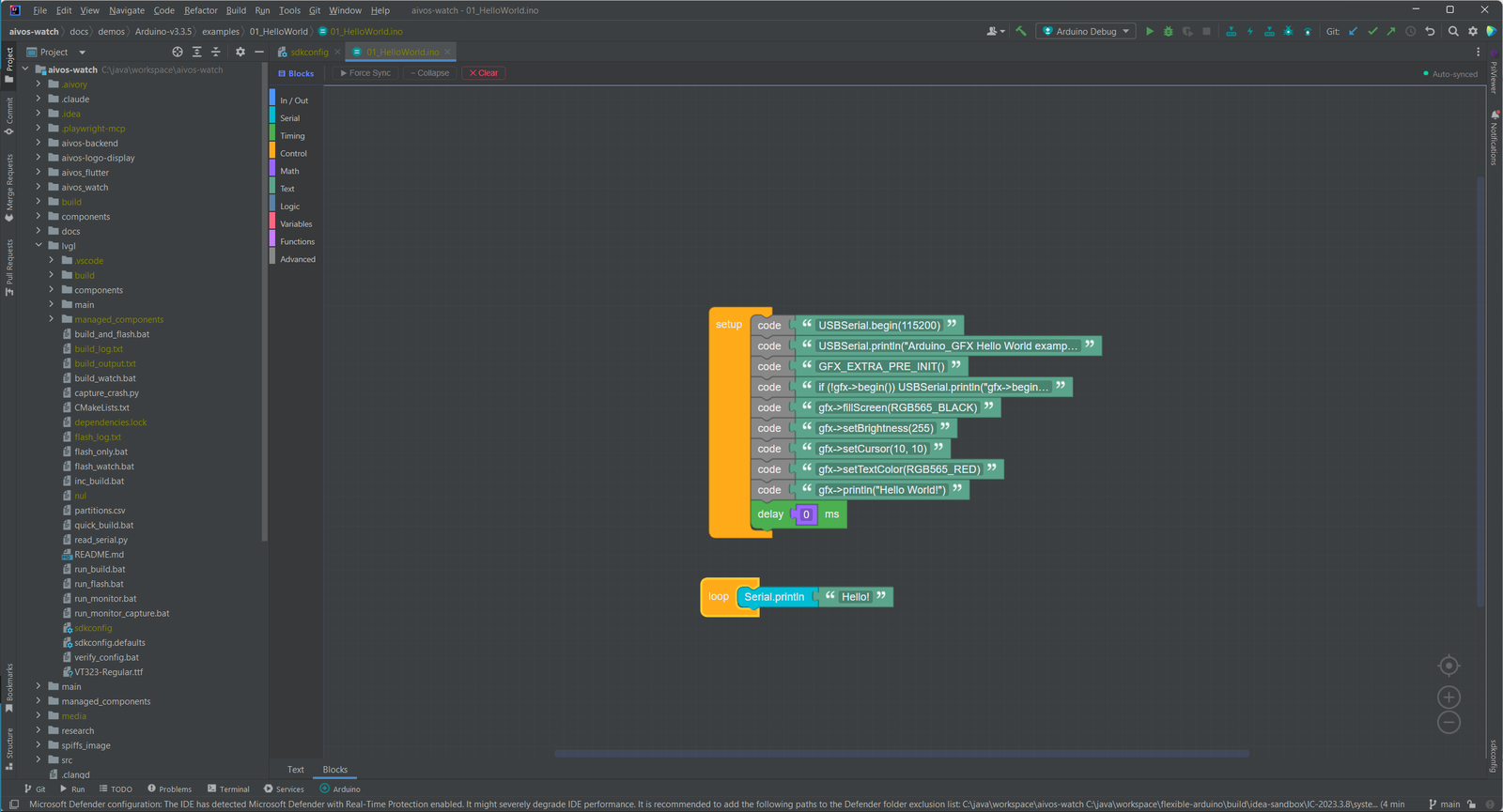 Reiter Blocks eines Sketches mit Setup- und Loop-Blöcken, Code-Blöcken und einem Serial.println-Block im visuellen Editor