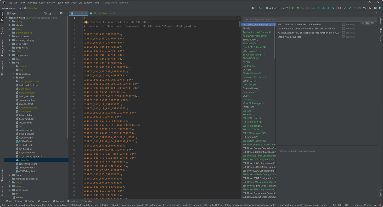 Geöffnete sdkconfig-Datei im Editor mit einem Einstellungspanel rechts, das Optionskategorien wie ADC und APP auflistet