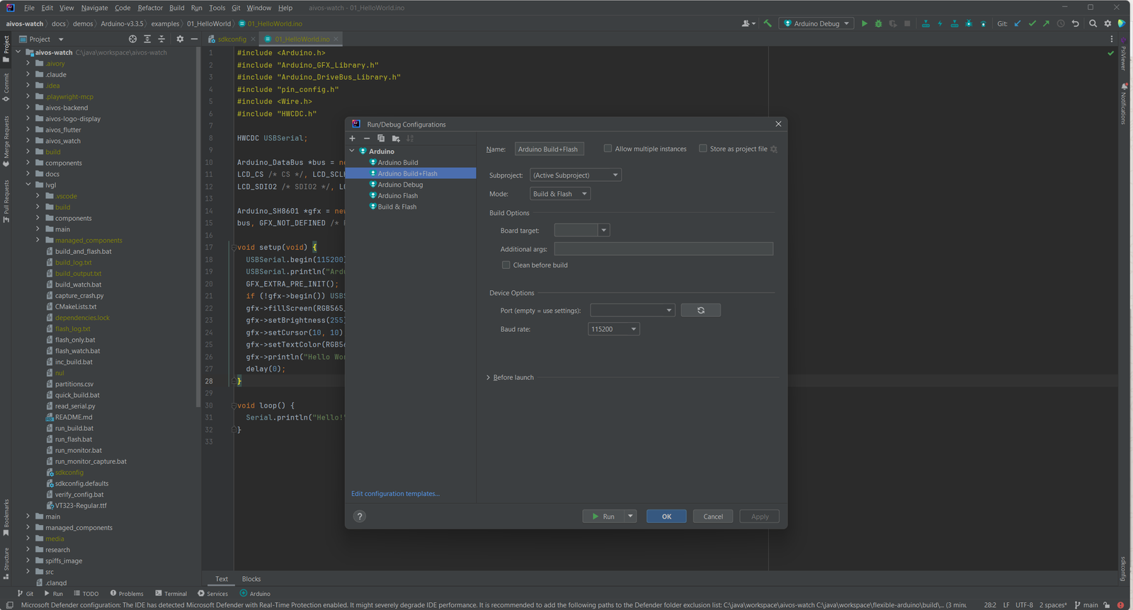 Dialog Run/Debug Configurations mit einer Arduino-Build+Flash-Konfiguration, Modus-Auswahl, Board-Ziel sowie Feldern für Port und Baudrate