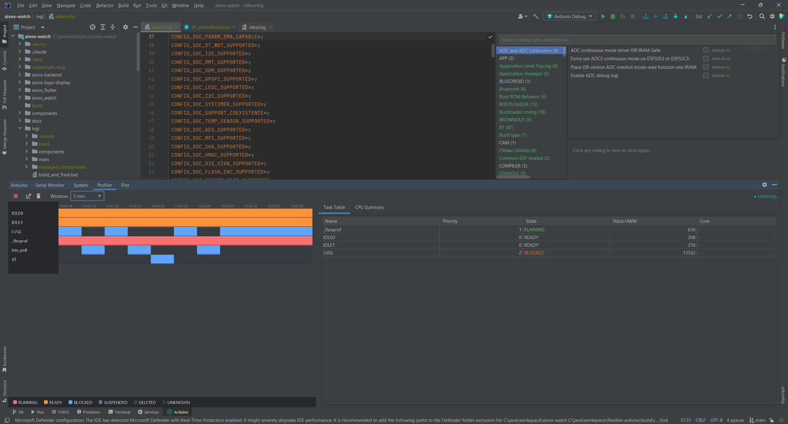 Reiter Profiler im Arduino-Toolfenster mit einer Zeitleiste von FreeRTOS-Tasks neben einer Task-Tabelle mit Priorität, Zustand und Stack-Werten