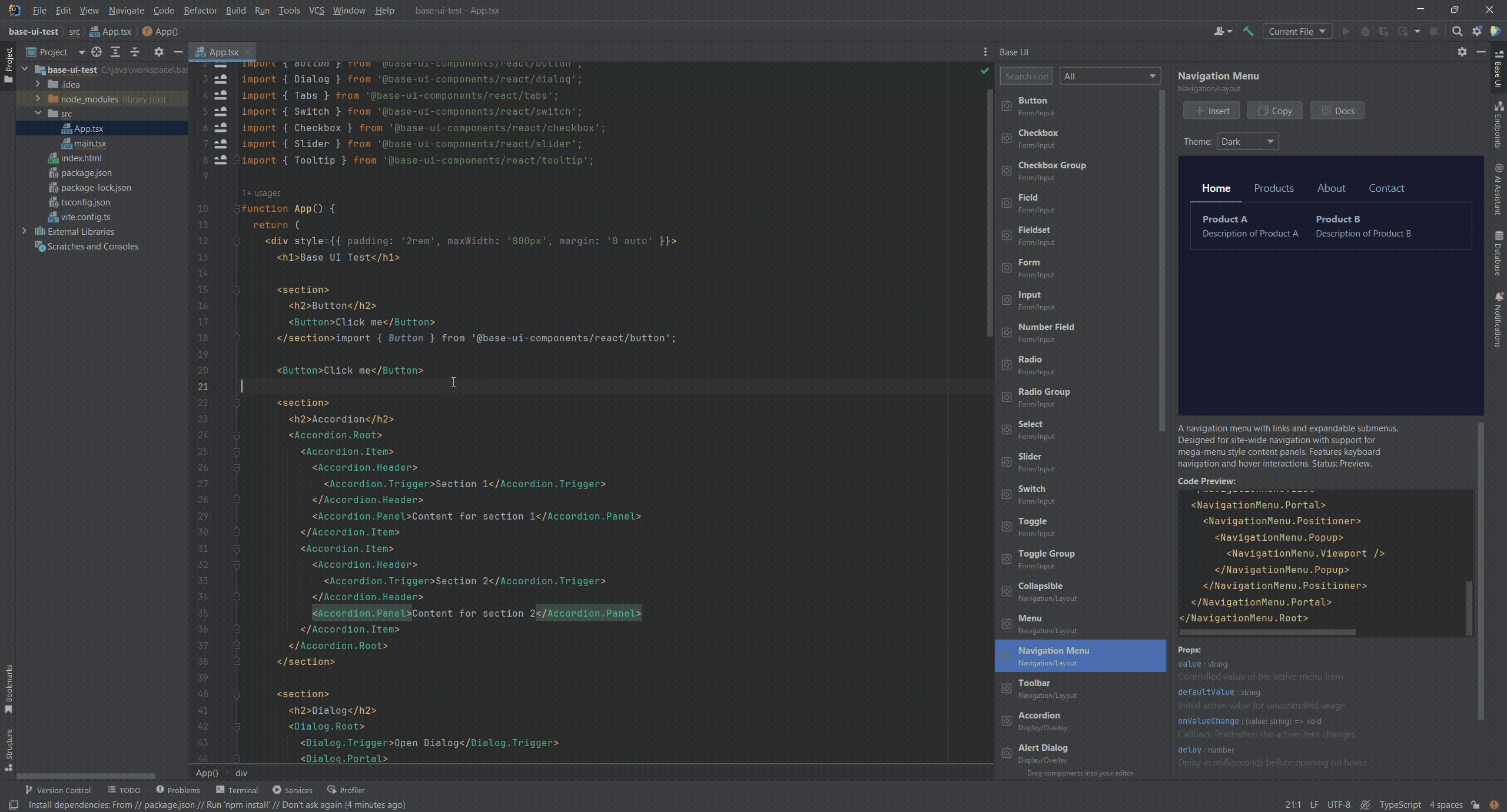Die Base-UI-Seitenleiste neben dem Editor mit der Komponentenliste und einer dunklen Vorschau der Navigation-Menu-Komponente