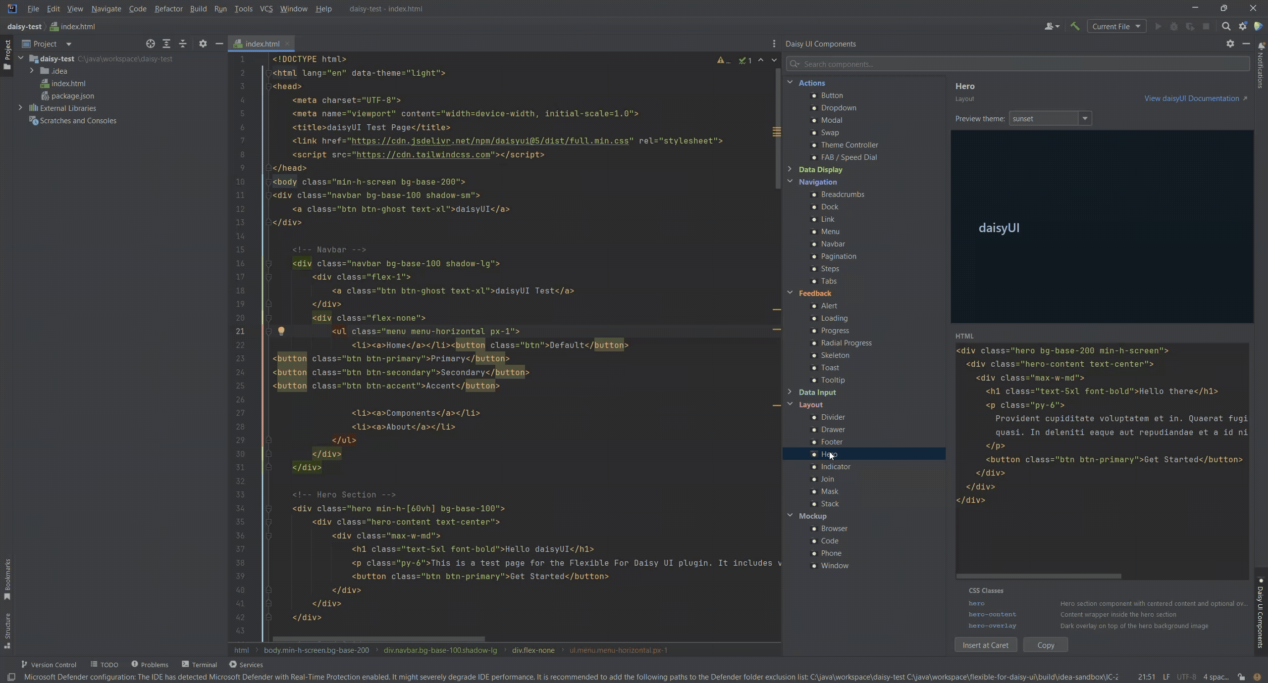 Das Werkzeugfenster Daisy UI Components mit Kategoriebaum und der Hero-Komponente in der Live-Vorschau samt HTML-Code