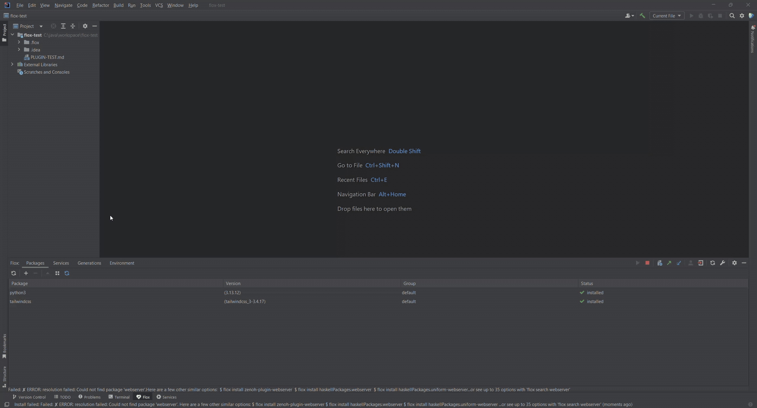 Das Flox-Werkzeugfenster mit dem Tab Packages, der python3 und tailwindcss als installiert listet