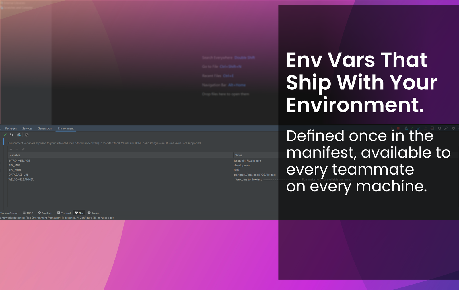 Der Tab Environment mit einer Variablentabelle, neben dem Text Env Vars That Ship With Your Environment