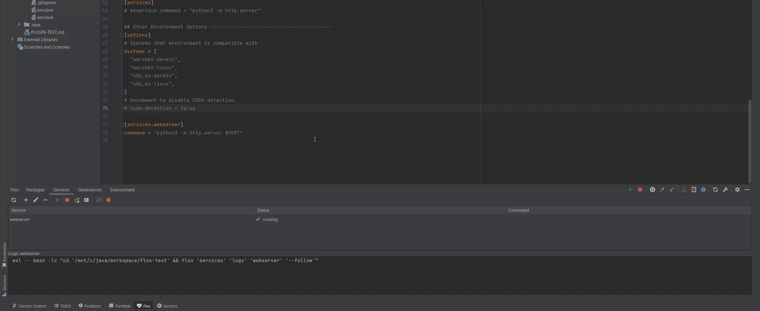 Der Tab Services mit einem laufenden Webserver-Service und seinem Live-Log unter dem Manifest im Editor
