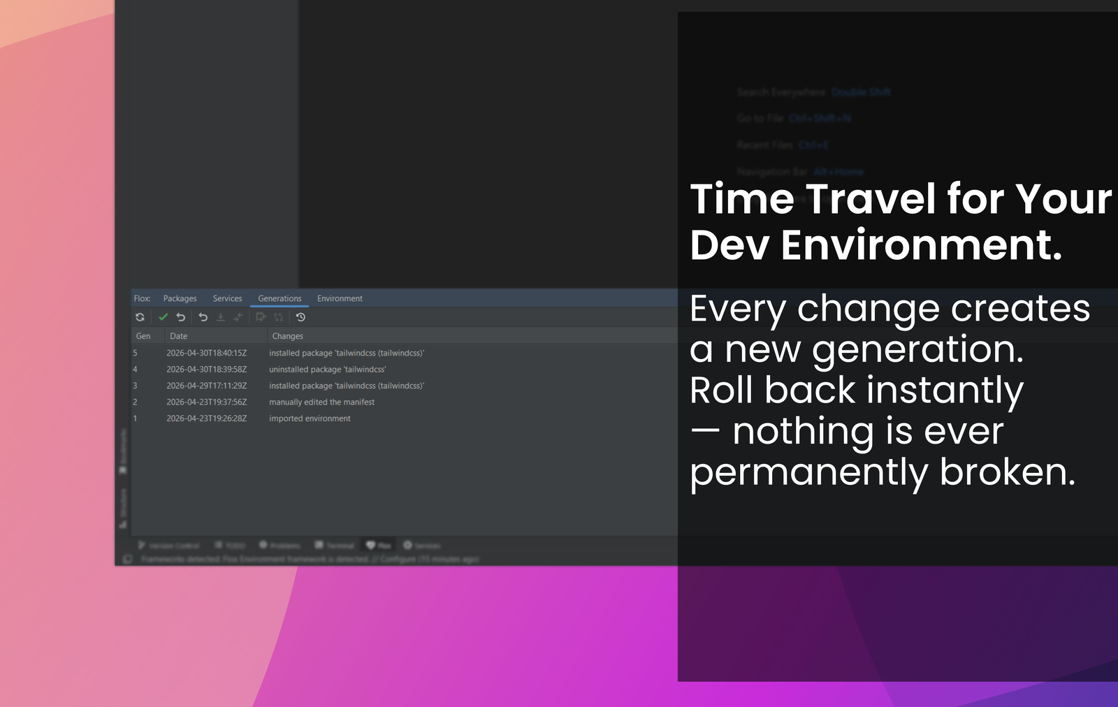 Der Tab Generations mit fünf Generationen samt Datum und Änderung, neben dem Text Time Travel for Your Dev Environment