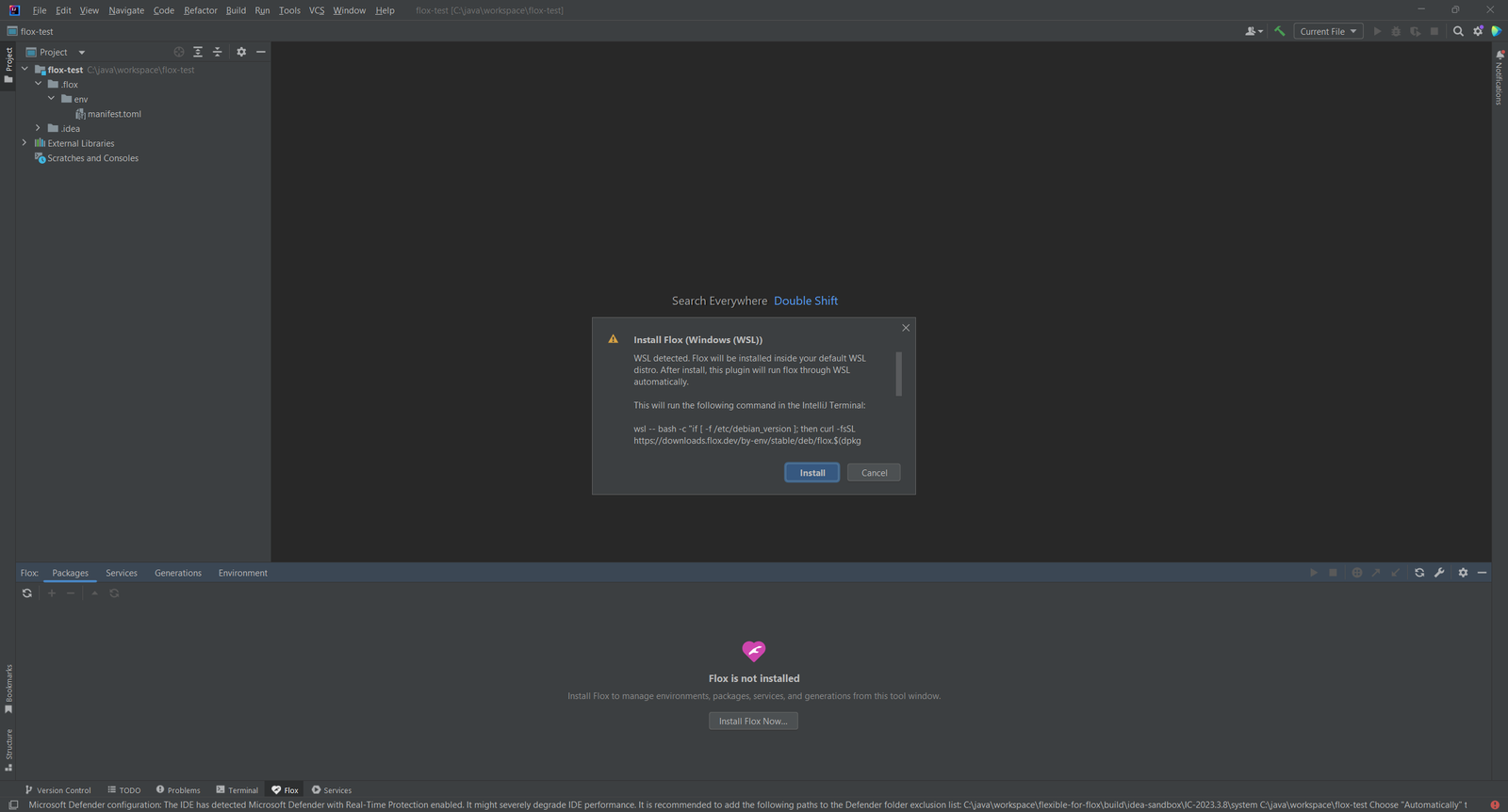 Der Dialog Install Flox (Windows WSL) über einer IDE, deren Flox-Werkzeugfenster meldet, dass Flox nicht installiert ist