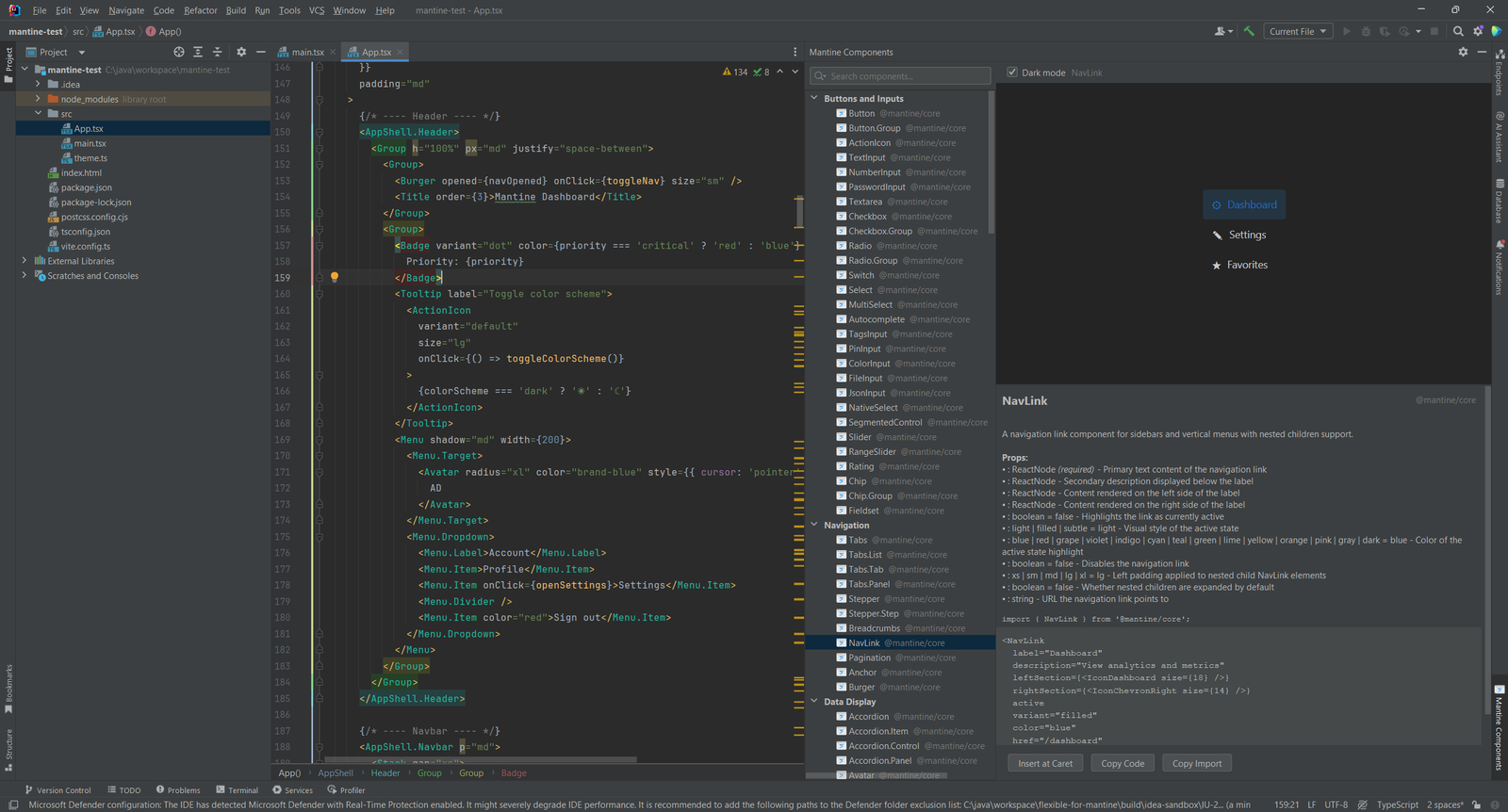 Die NavLink-Komponente im Browser ausgewählt, mit Props-Liste und Codebeispiel unter der Vorschau