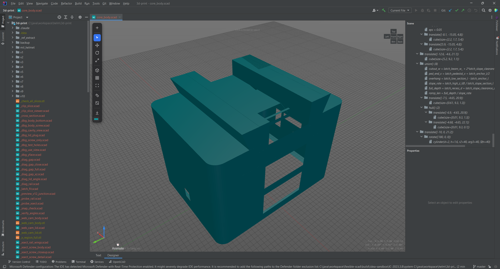Ein gerendertes 3D-Modell eines Gehäuses im Tab Designer, mit der Werkzeugleiste links und dem Szenenbaum rechts