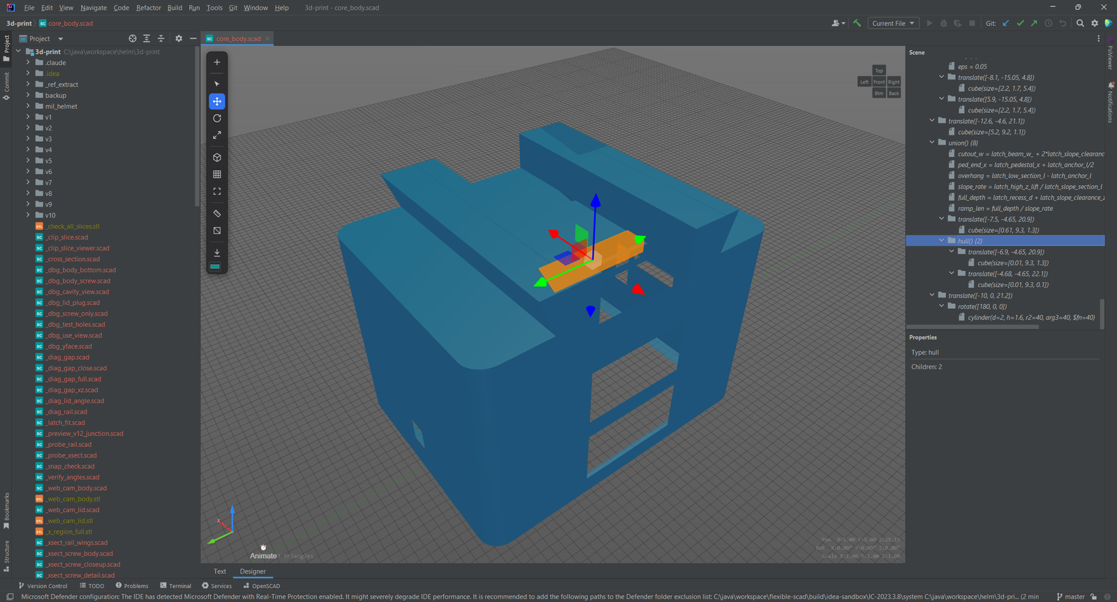 Ein Transform-Gizmo mit farbigen Pfeilen an einem gewählten Teil des 3D-Modells
