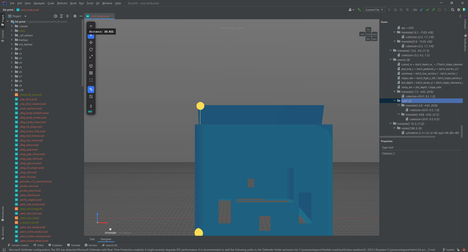 Eine Abstandsmessung zwischen zwei gelben Punkten auf dem 3D-Modell