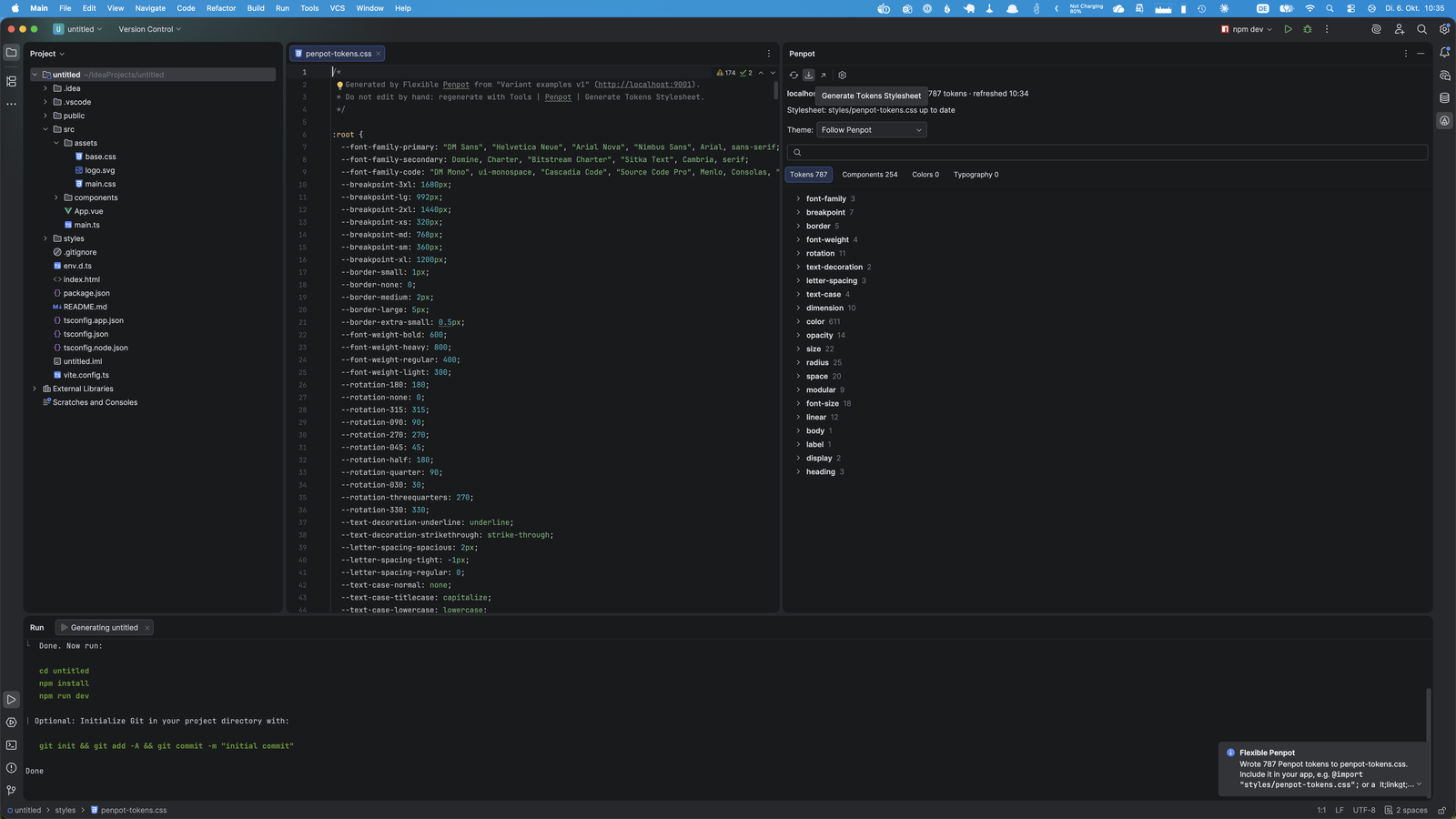 Erzeugte Datei penpot-tokens.css mit Custom Properties neben der Token-Liste im Penpot-Toolfenster