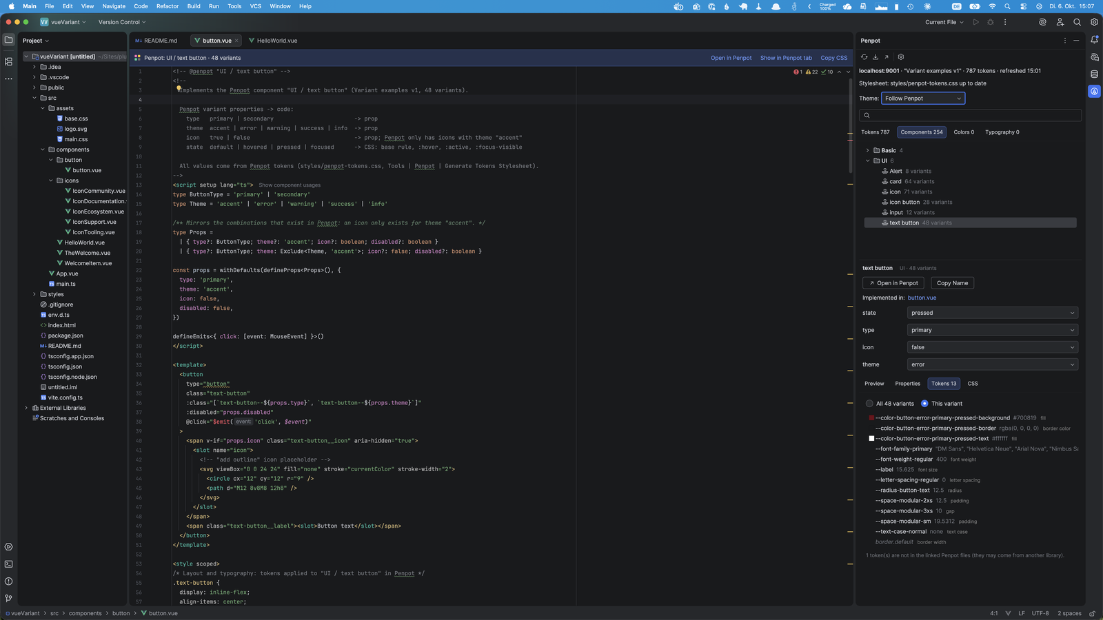Vue-Button-Komponente mit Penpot-Banner über dem Code und dem Komponenten-Panel mit Varianten rechts