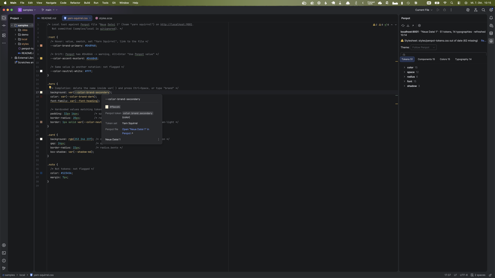 Hover-Karte an einem Farb-Token in einer CSS-Datei mit Wert, Token-Set und Link zur Penpot-Datei
