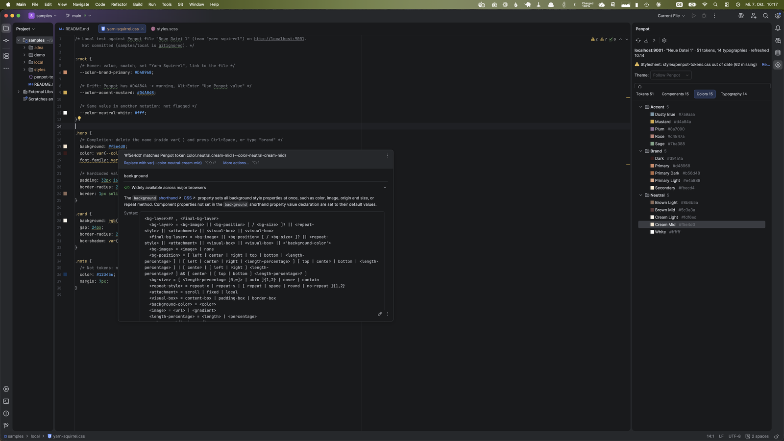 Inspektions-Popup meldet, dass eine fest codierte Farbe zu einem Penpot-Token passt, mit Quick Fix auf var()