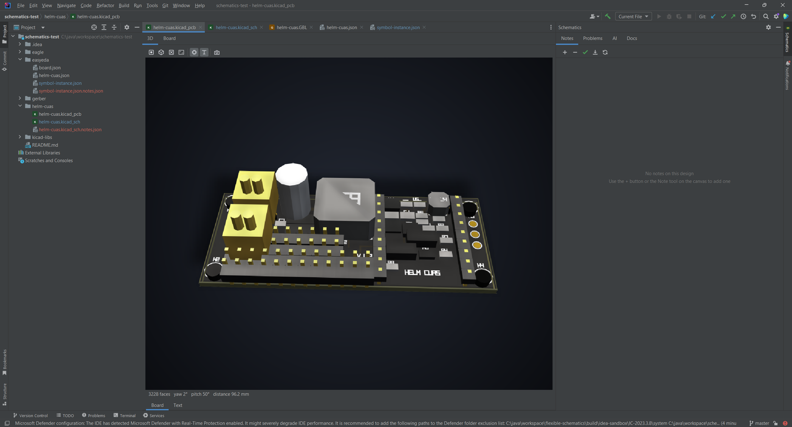 3D-Ansicht in Software einer bestückten Platine mit gelben Steckern