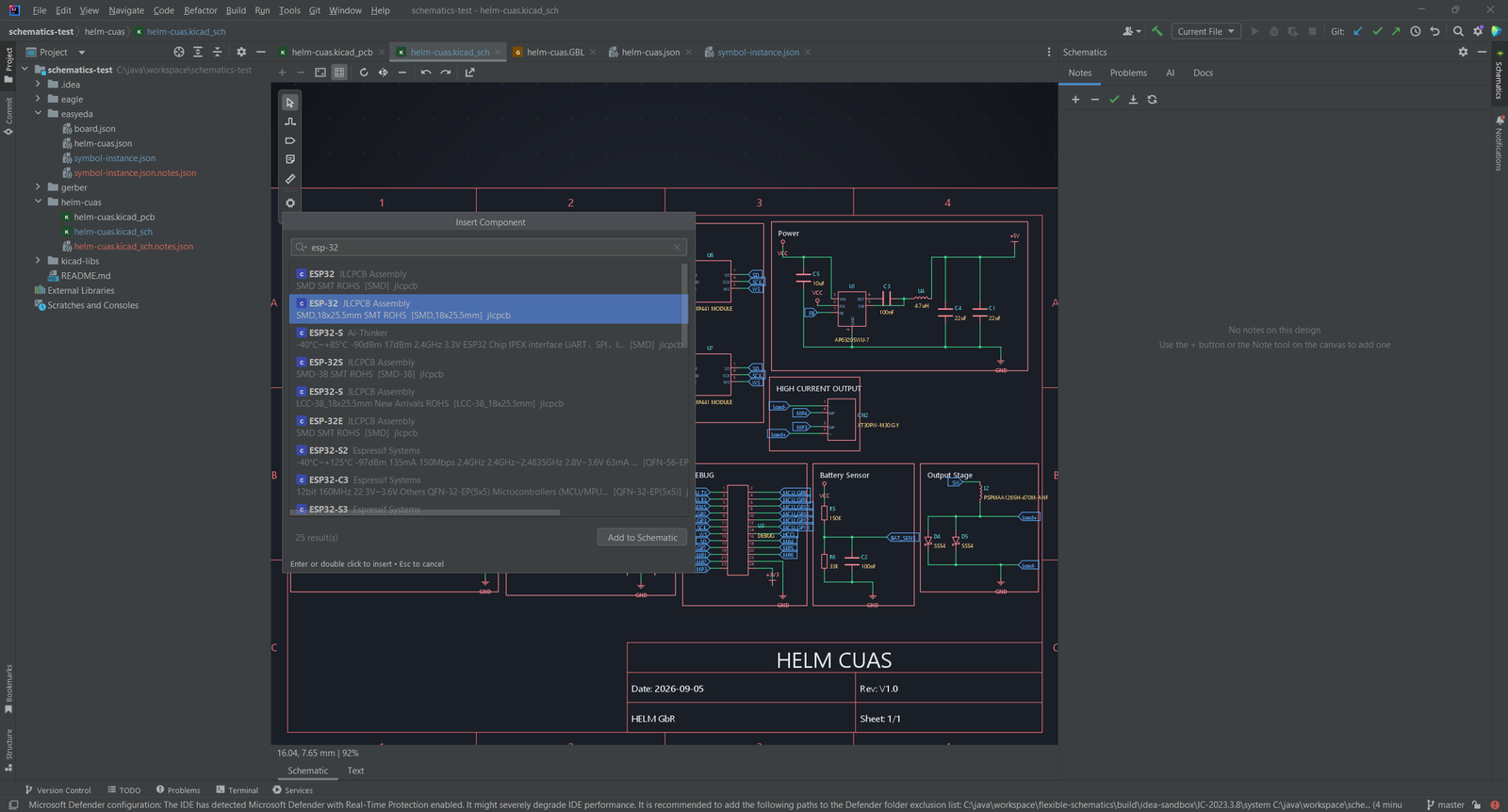Dialog Insert Component mit einer Suche nach ESP32-Bauteilen über einem Schaltplan