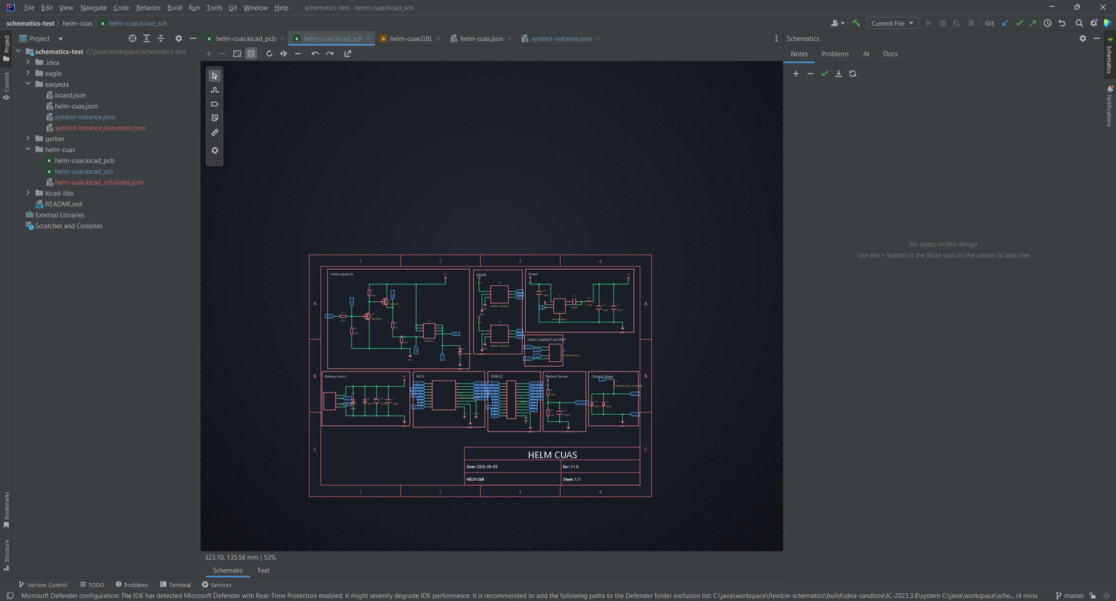 KiCad-Schaltplan einer Leistungs- und Sensorplatine in der visuellen Zeichenfläche mit Werkzeugleiste links