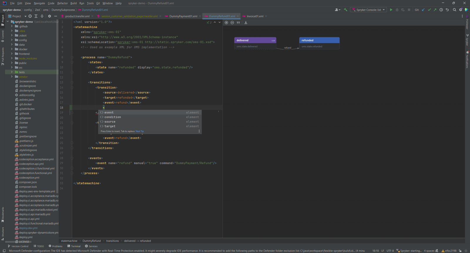 OMS-Statusmaschinen-XML mit einem Vervollständigungs-Popup für event, condition, source und target neben einem Zustandsdiagramm
