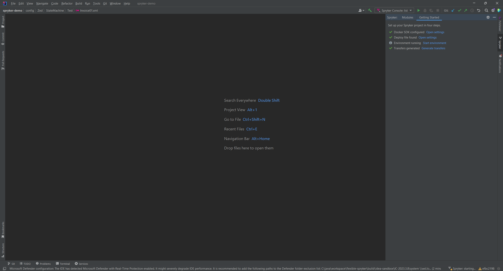 Spryker-Toolfenster mit einer Getting-Started-Checkliste für Docker SDK, Deploy-Datei, Umgebung und Transfers