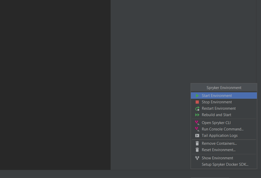 Menü Spryker Environment mit Start, Stopp, Neustart, Rebuild, Spryker CLI, Console-Befehl und Log-Aktionen