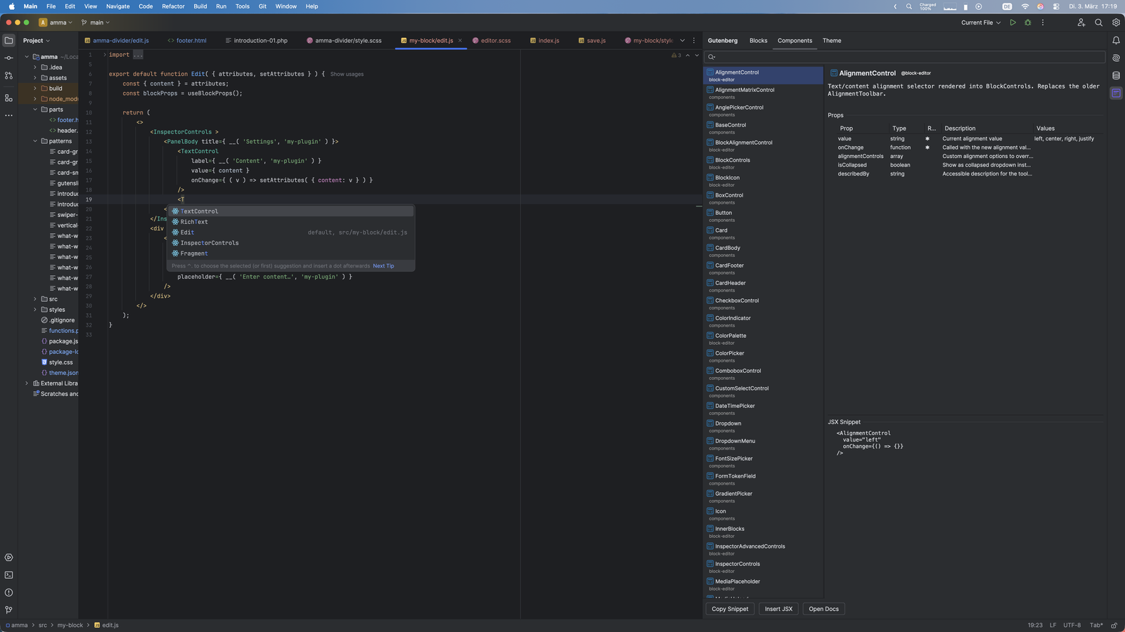 Tab Components mit AlignmentControl, seiner Prop-Tabelle und dem JSX-Snippet, neben einer Datei edit.js mit einem Popup für TextControl