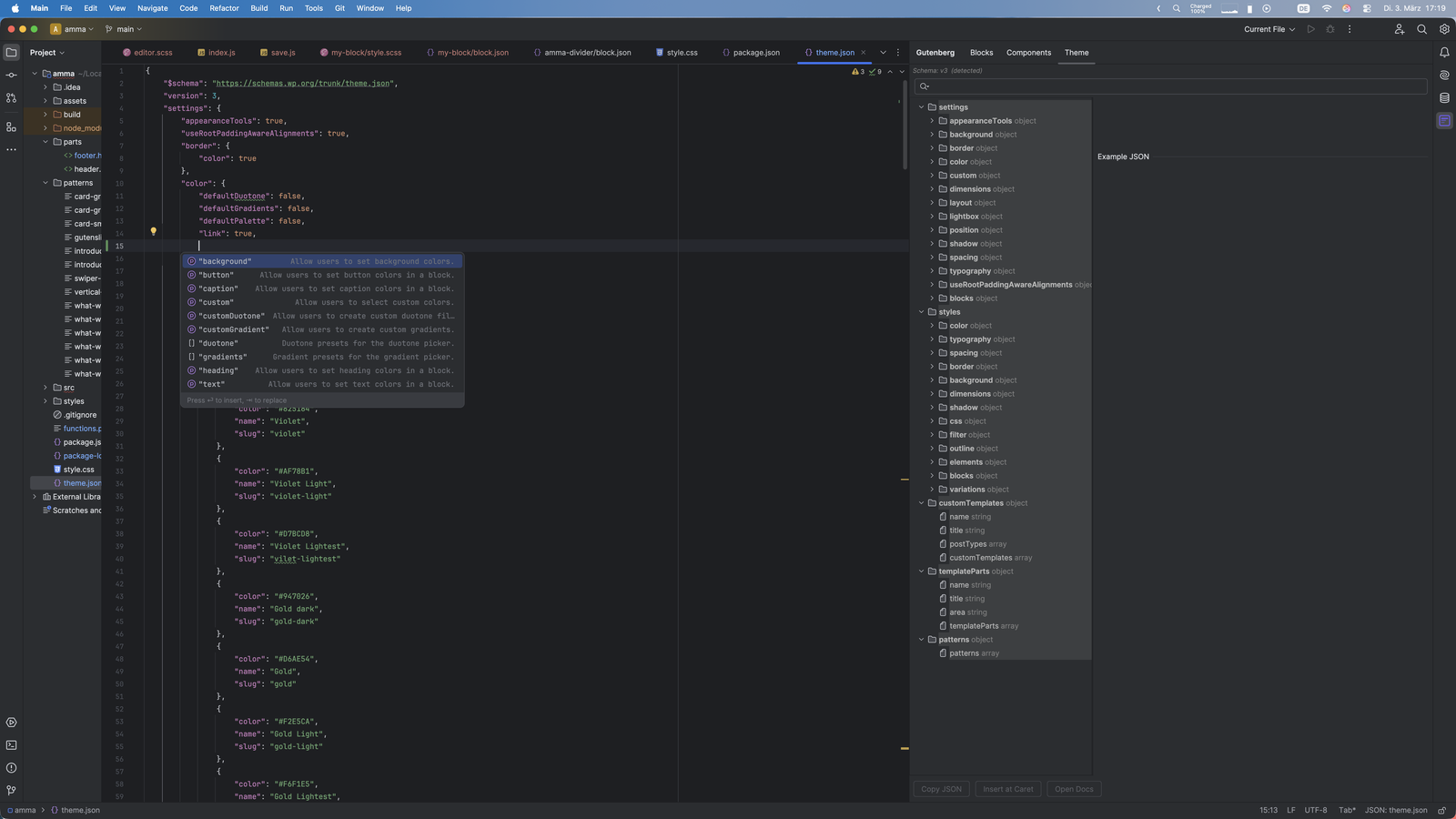 Vervollständigungs-Popup in der theme.json innerhalb der Farbeinstellungen mit background, button, caption, custom, customDuotone und gradients