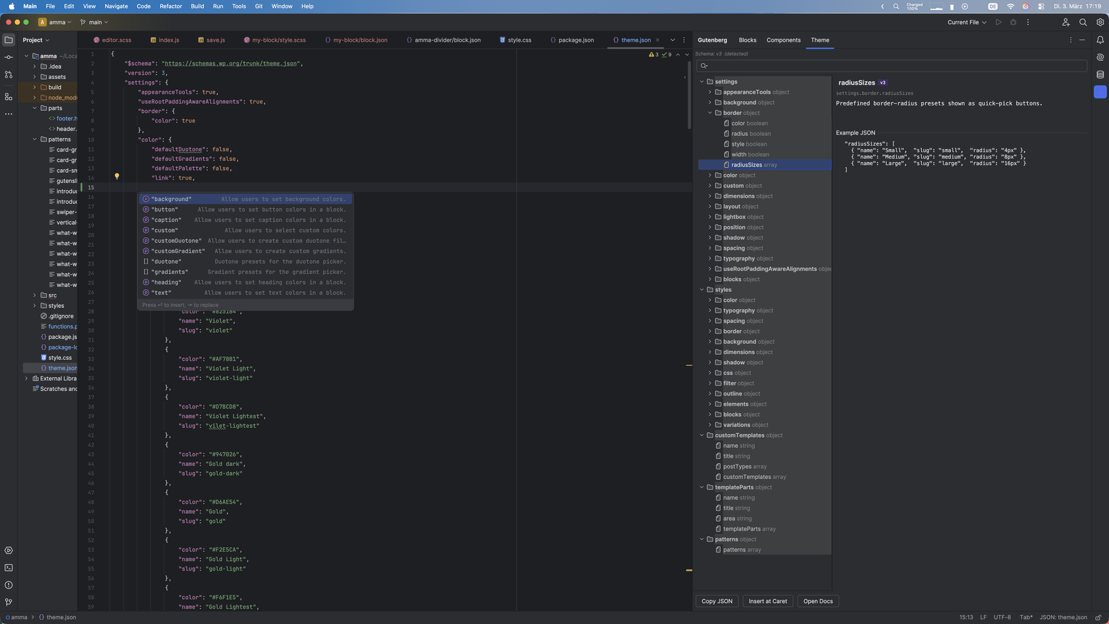 Tab Theme mit dem theme.json-Schemabaum, der markierten Eigenschaft radiusSizes und ihrem Beispiel-JSON