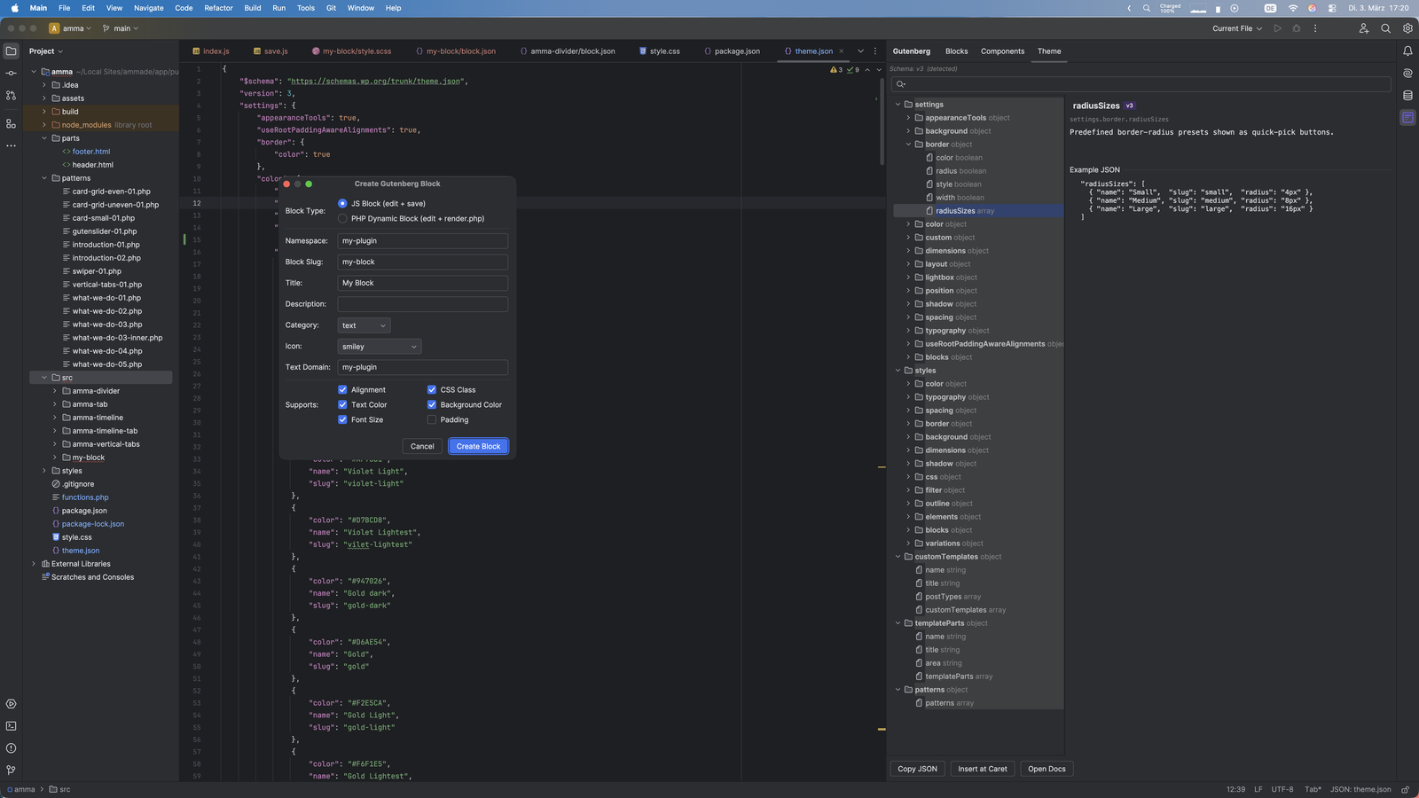 Der Dialog Create Gutenberg Block mit Blocktyp, Namespace, Slug, Titel, Kategorie, Icon, Text Domain und Supports-Optionen