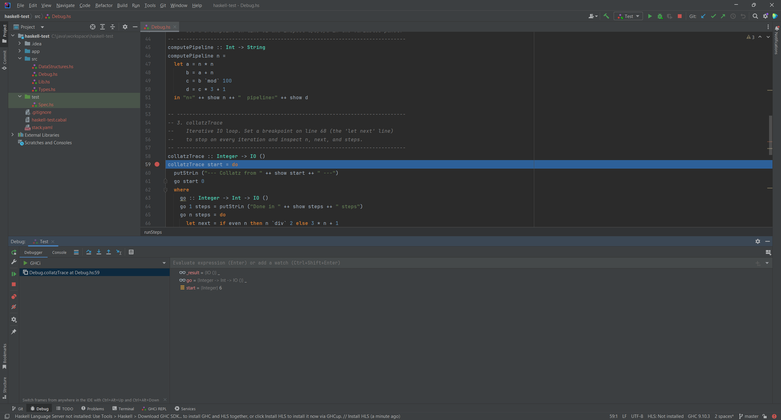 Debug-Toolfenster an einem Breakpoint in einer Haskell-Datei, mit aufgelisteten lokalen Variablen und der Breakpoint-Zeile im Editor