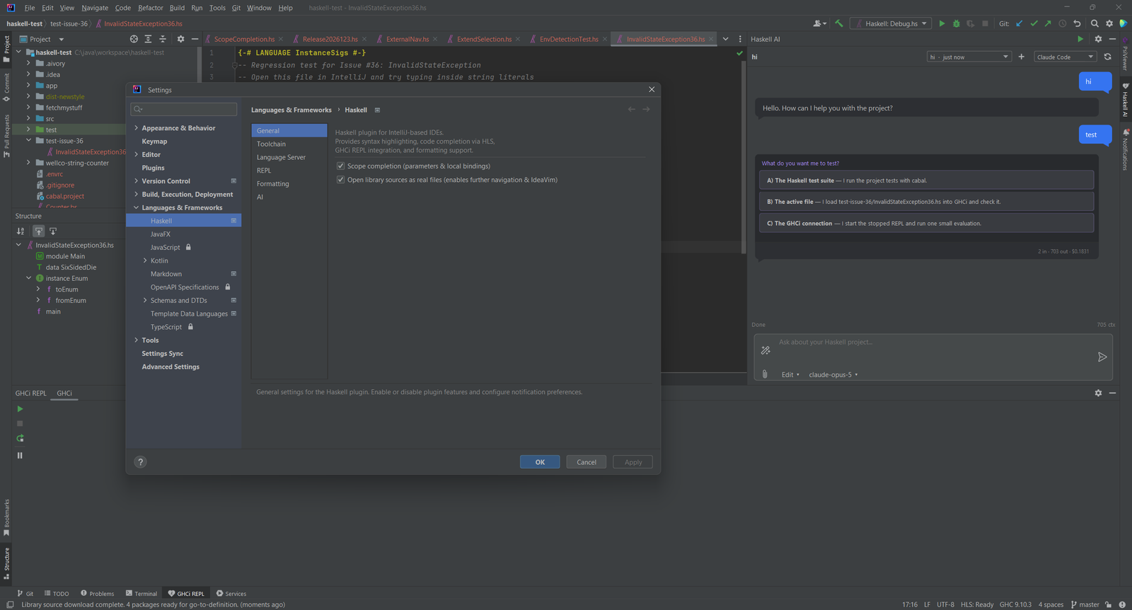 Haskell-Einstellungsdialog über einem Editor, daneben ein Haskell-KI-Chat-Toolfenster mit vorgeschlagenen Aktionen und einer Claude-Code-Auswahl