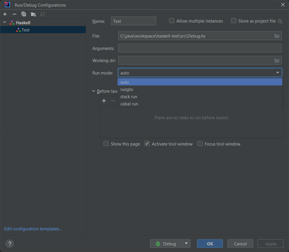 Dialog Run/Debug Configurations für einen Haskell-Lauf mit geöffnetem Modus-Dropdown und den Einträgen auto, runghc, stack run und cabal run