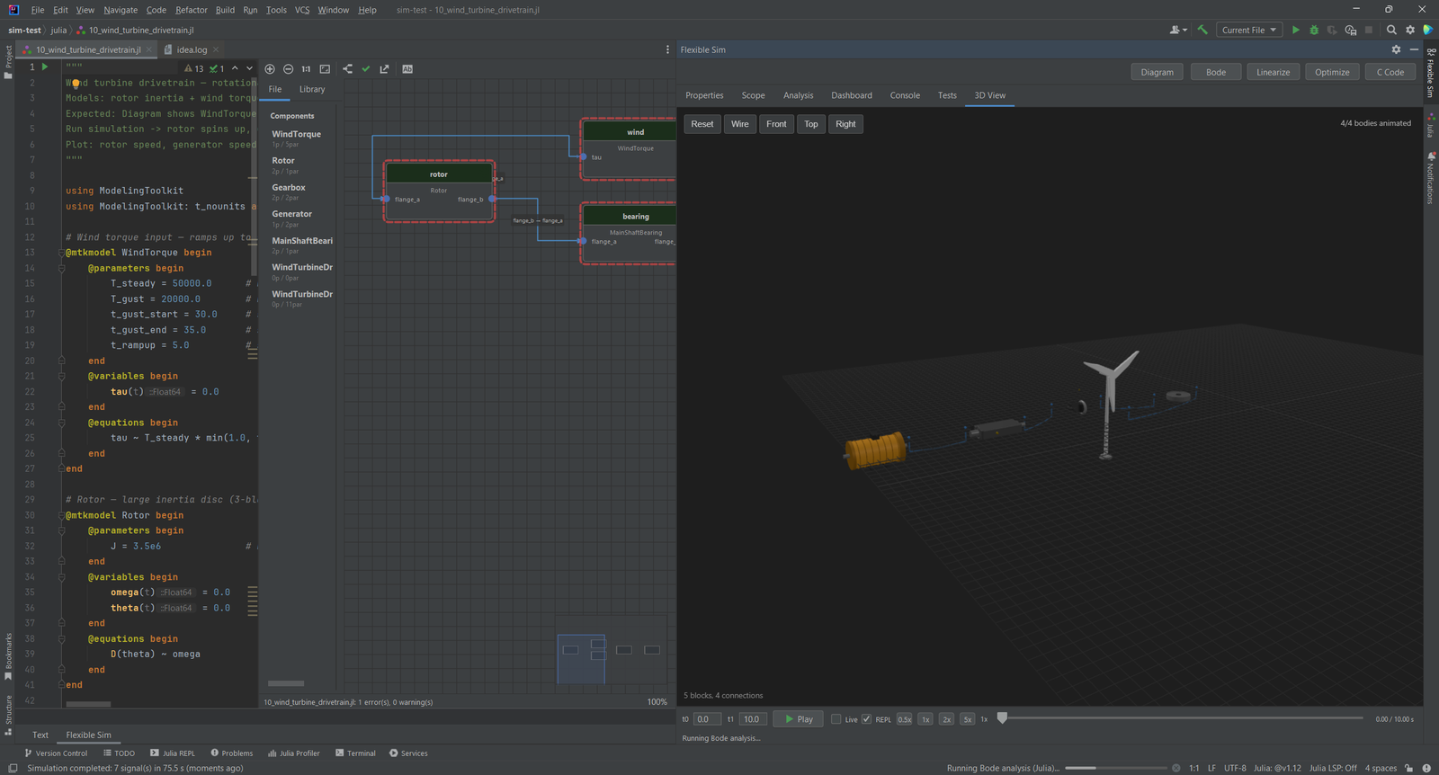 Antriebsstrang einer Windturbine als 3D-Animation neben dem Julia-Modell und seinem Blockdiagramm