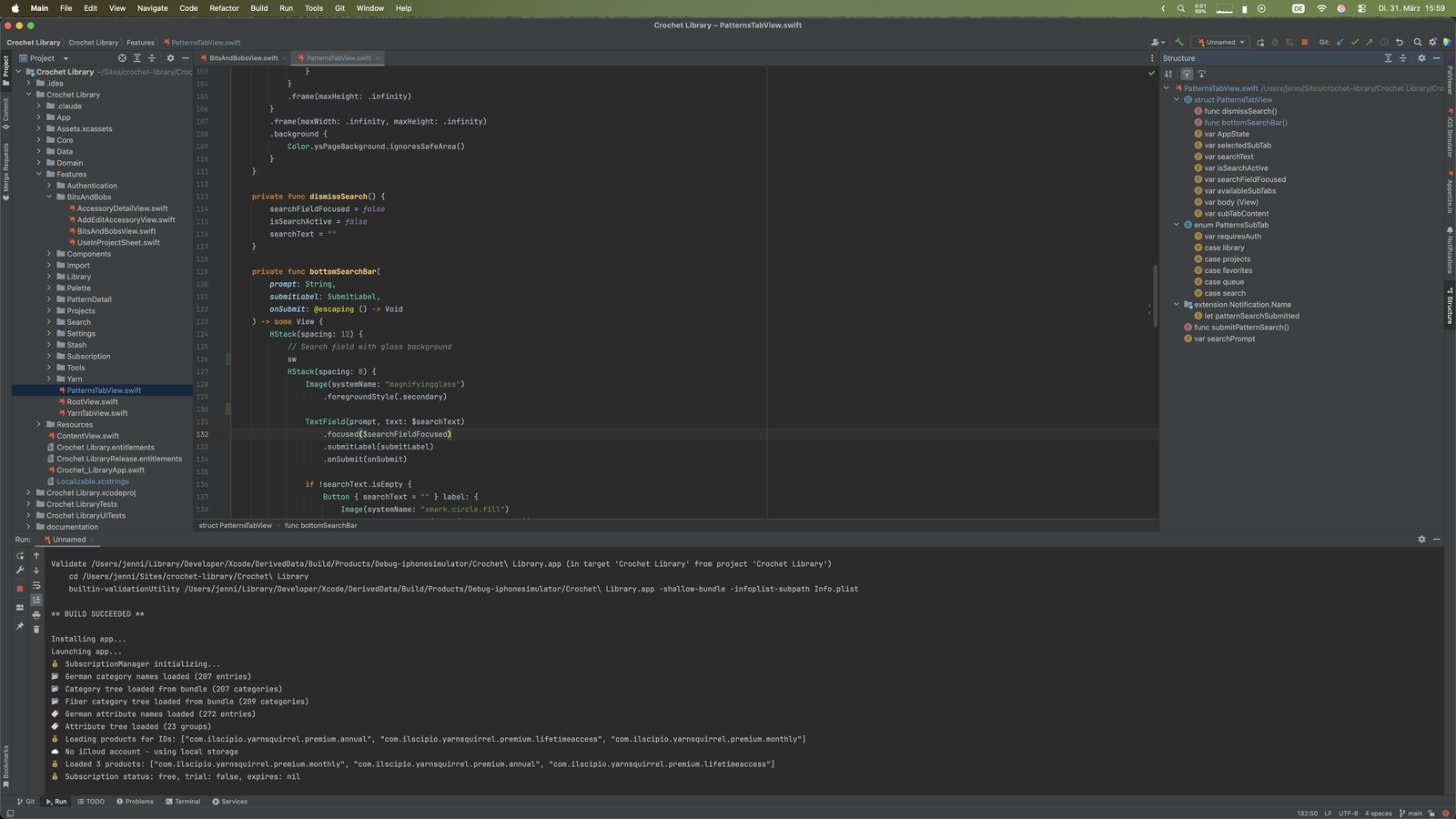 Tool-Fenster Structure mit Struct, Funktionen, Properties und Enum-Fällen einer Swift-View