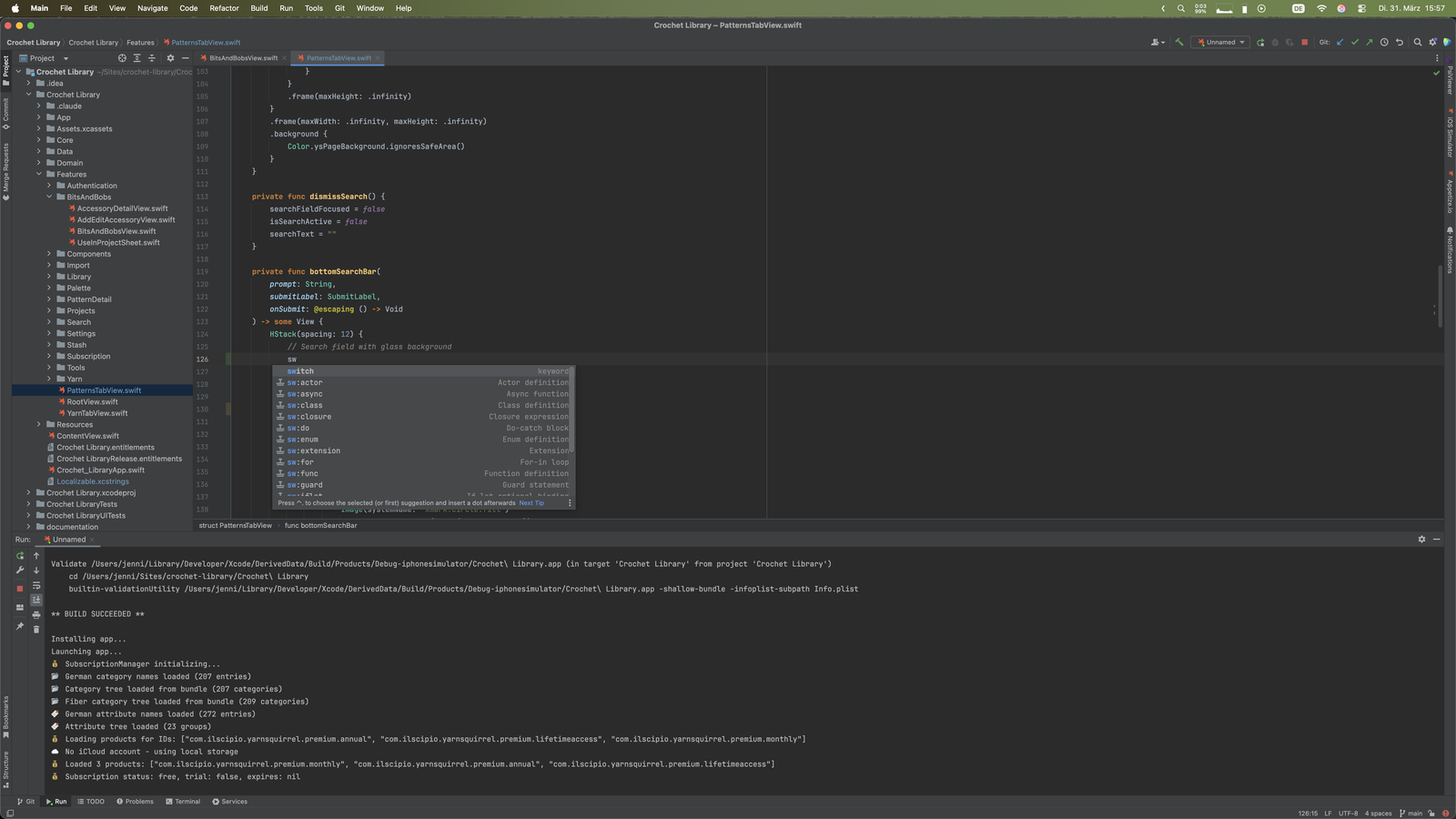 Vervollständigungs-Popup nach der Eingabe von sw mit den Live-Templates sw:actor, sw:async, sw:class, sw:closure und sw:guard