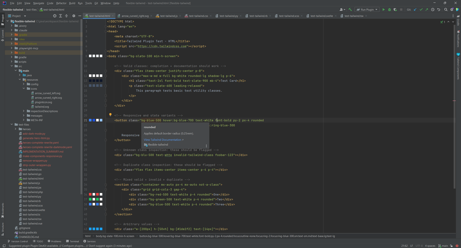 HTML-Datei mit Farbmustern im Gutter neben Tailwind-Klassen und einem Hover-Popup für die Klasse rounded, das den Standard-Rahmenradius zeigt