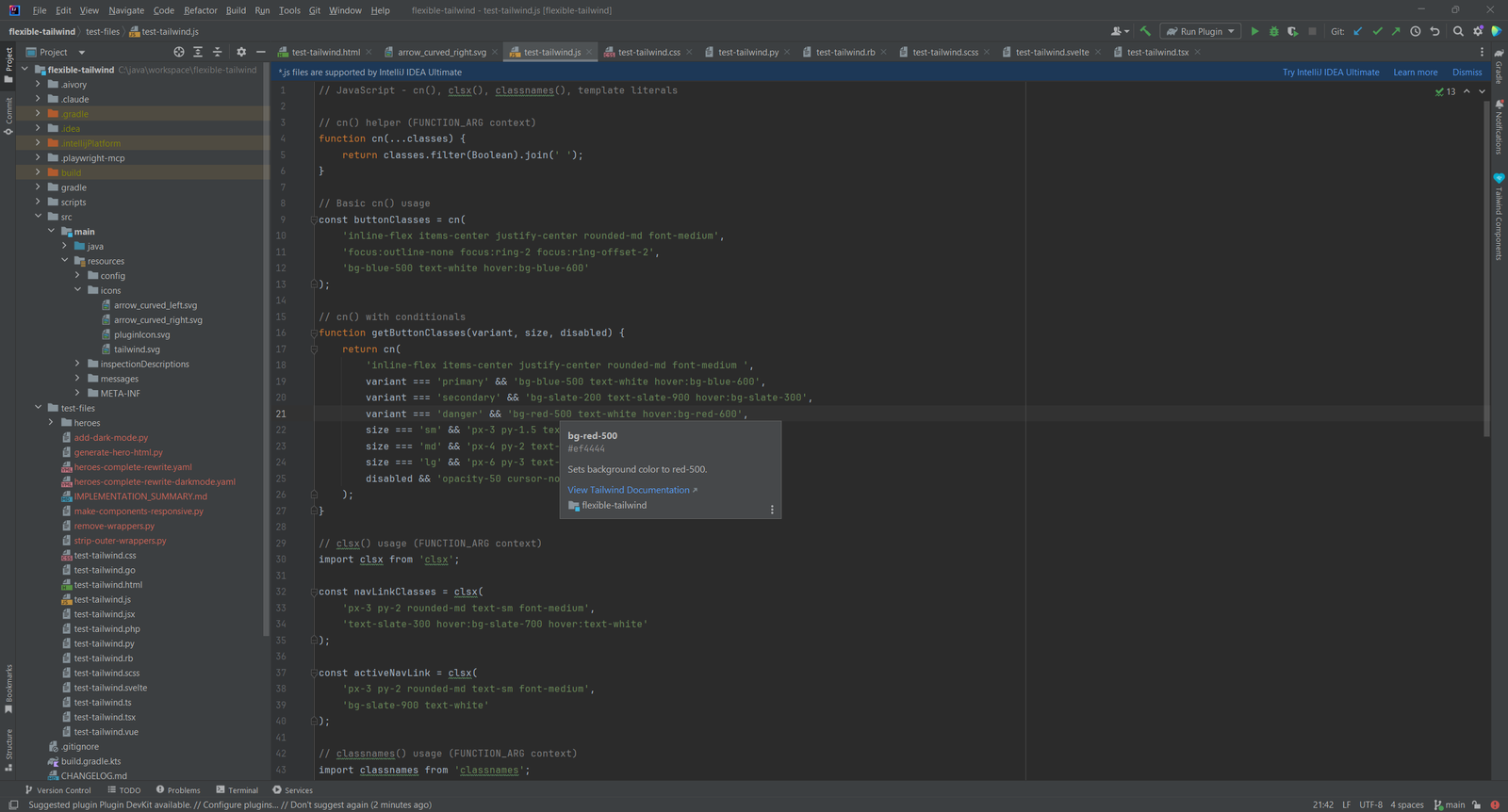 Hover-Popup für die Klasse bg-red-500 in einer JavaScript-Datei, mit dem Text Sets background color to red-500 und einem Link zur Tailwind-Dokumentation