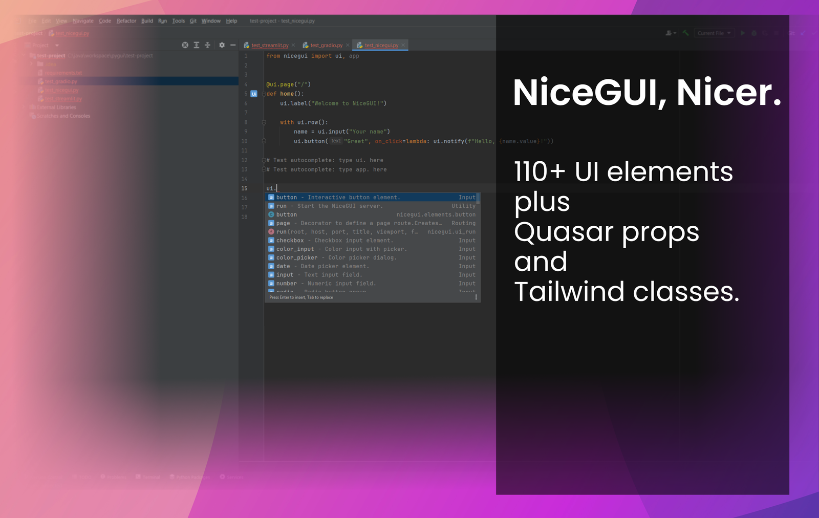 NiceGUI Autovervollständigung