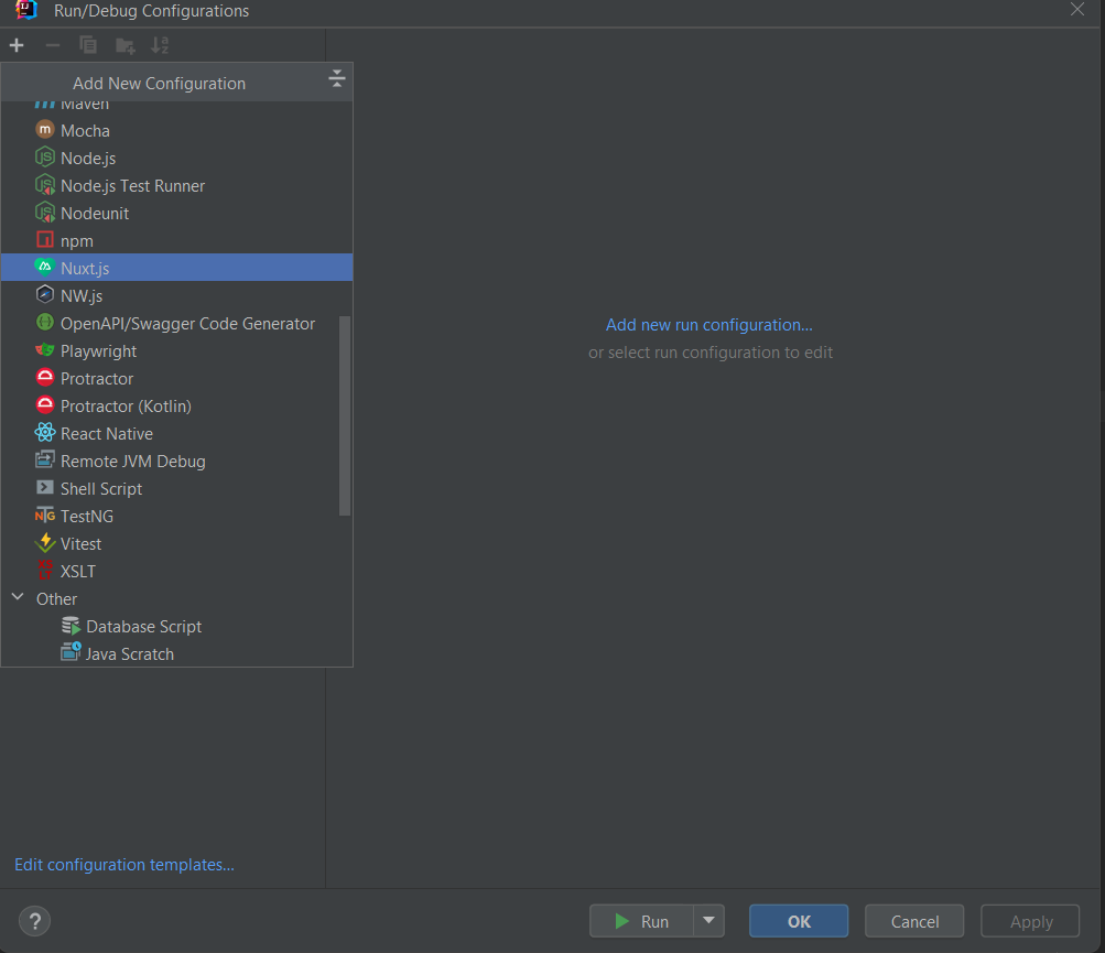 Nuxt Run Configurations List